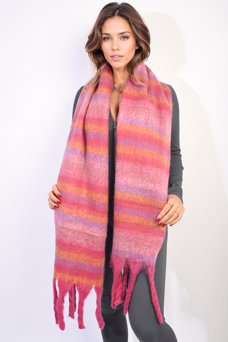 Striped Soft Comfortable Oversized Chunky Scarf with Tassel