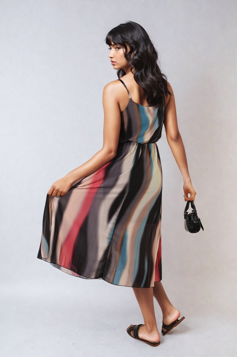 Multi Colored Print Pleated Strappy Midi Dress