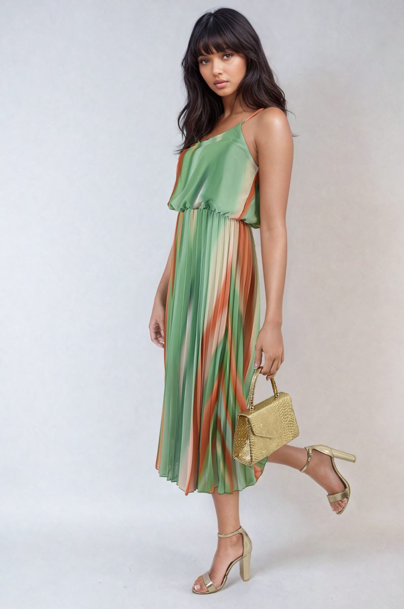 Multi Colored Print Pleated Strappy Midi Dress