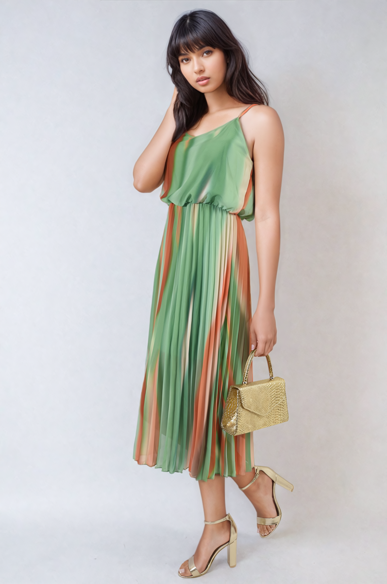 Multi Colored Print Pleated Strappy Midi Dress