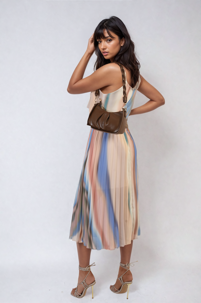 Multi Colored Print Pleated Strappy Midi Dress