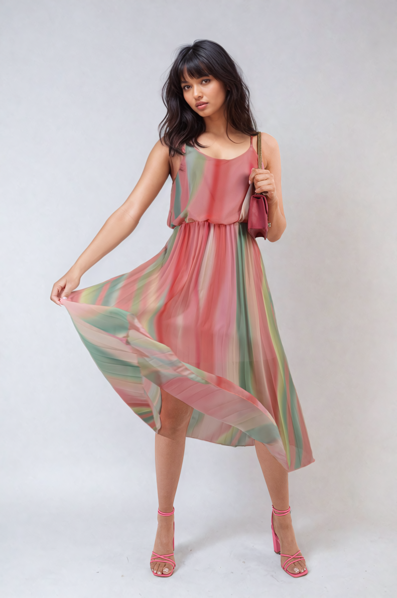 Multi Colored Print Pleated Strappy Midi Dress