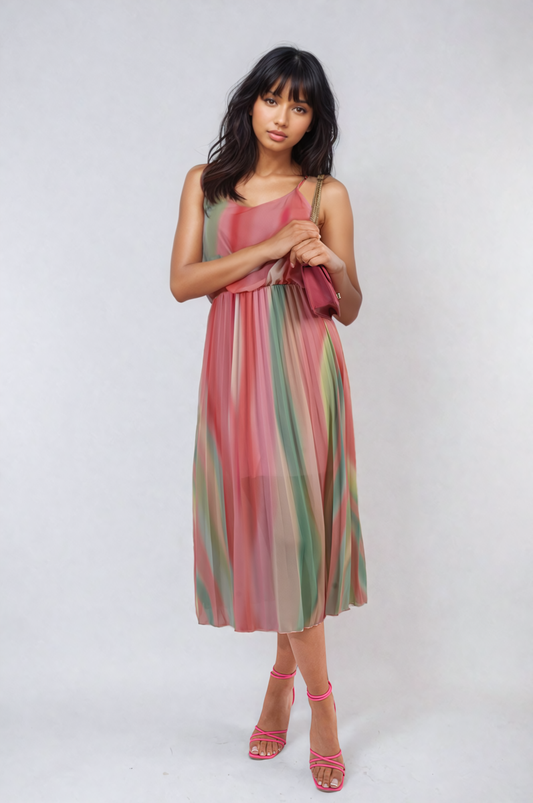 Multi Colored Print Pleated Strappy Midi Dress