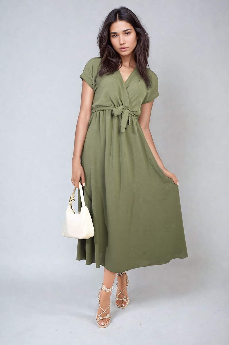 Wrap Tie Waist Short Sleeve Midi Dress