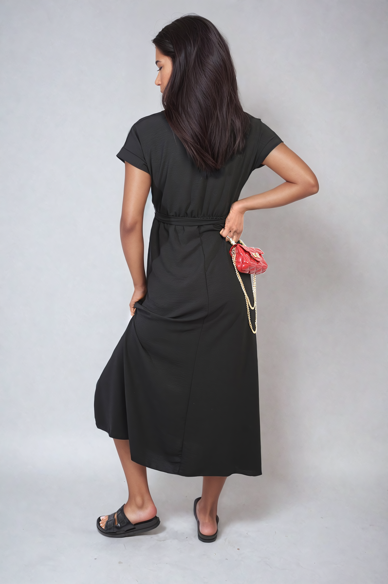 Wrap Tie Waist Short Sleeve Midi Dress