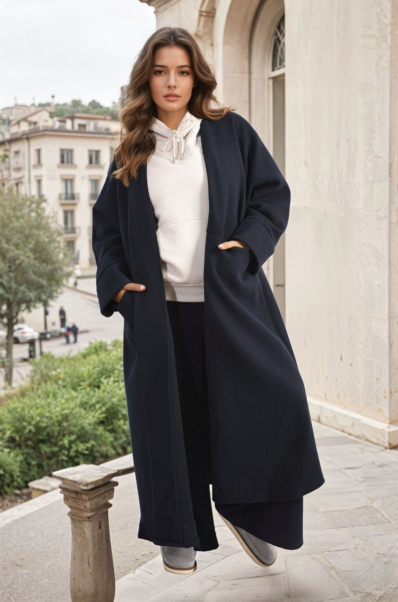 Open Front Oversized Long Winter Jacket with Pockets