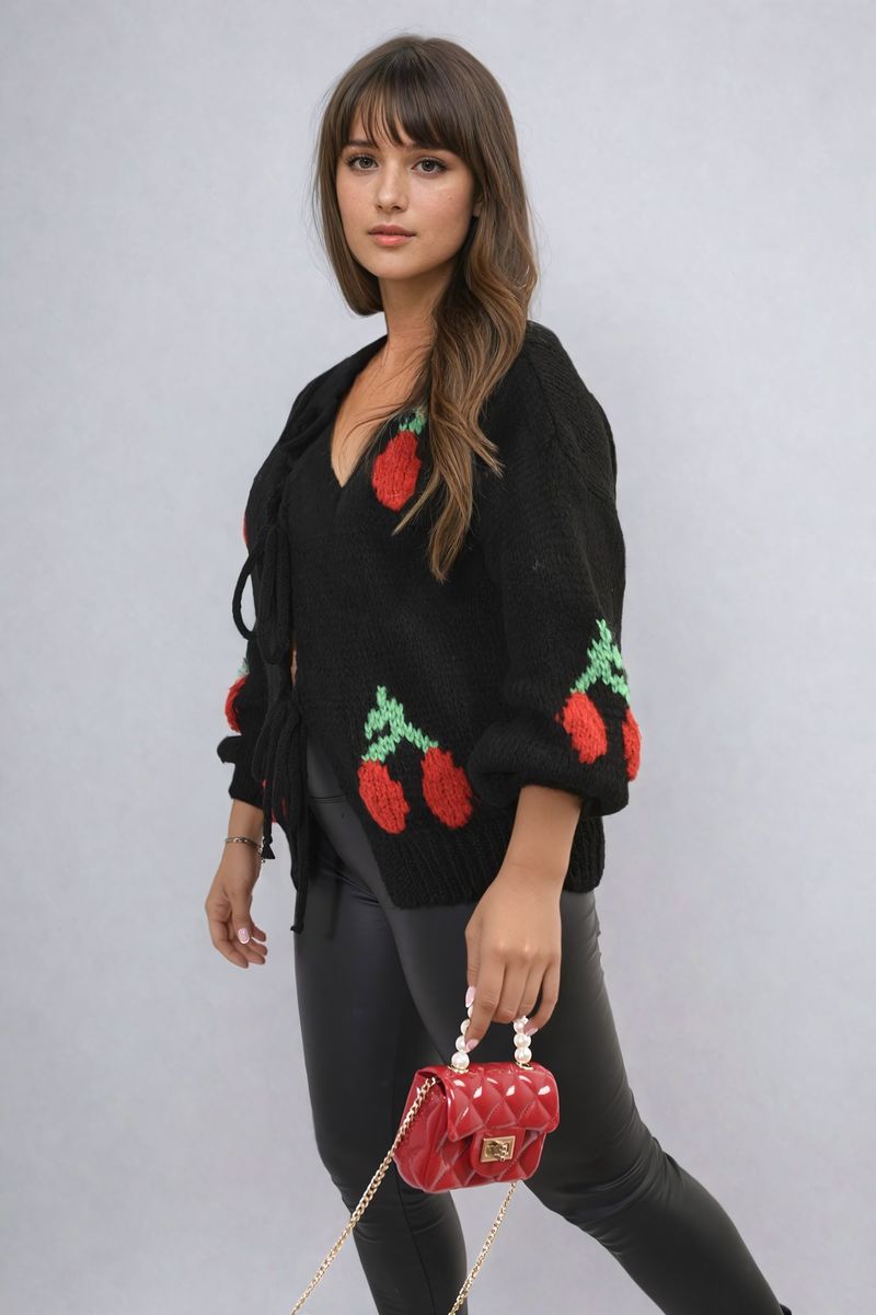 Tie Front Cherry Print Knitted Cardigan