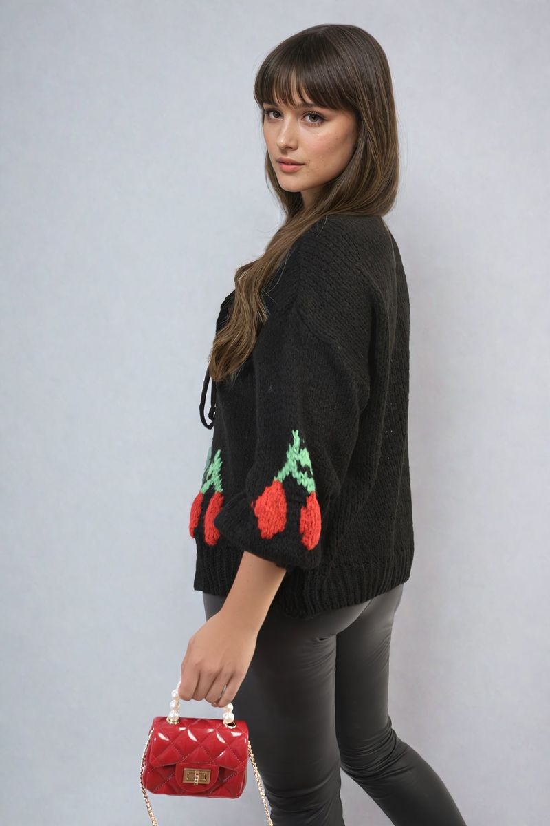 Tie Front Cherry Print Knitted Cardigan