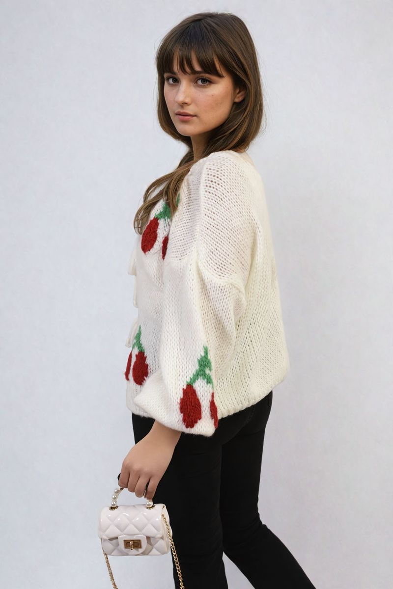 Tie Front Cherry Print Knitted Cardigan