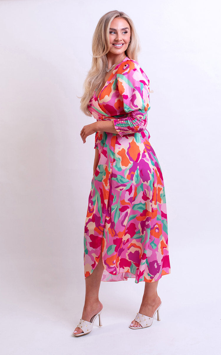 Wrap Front Printed Midi Dress