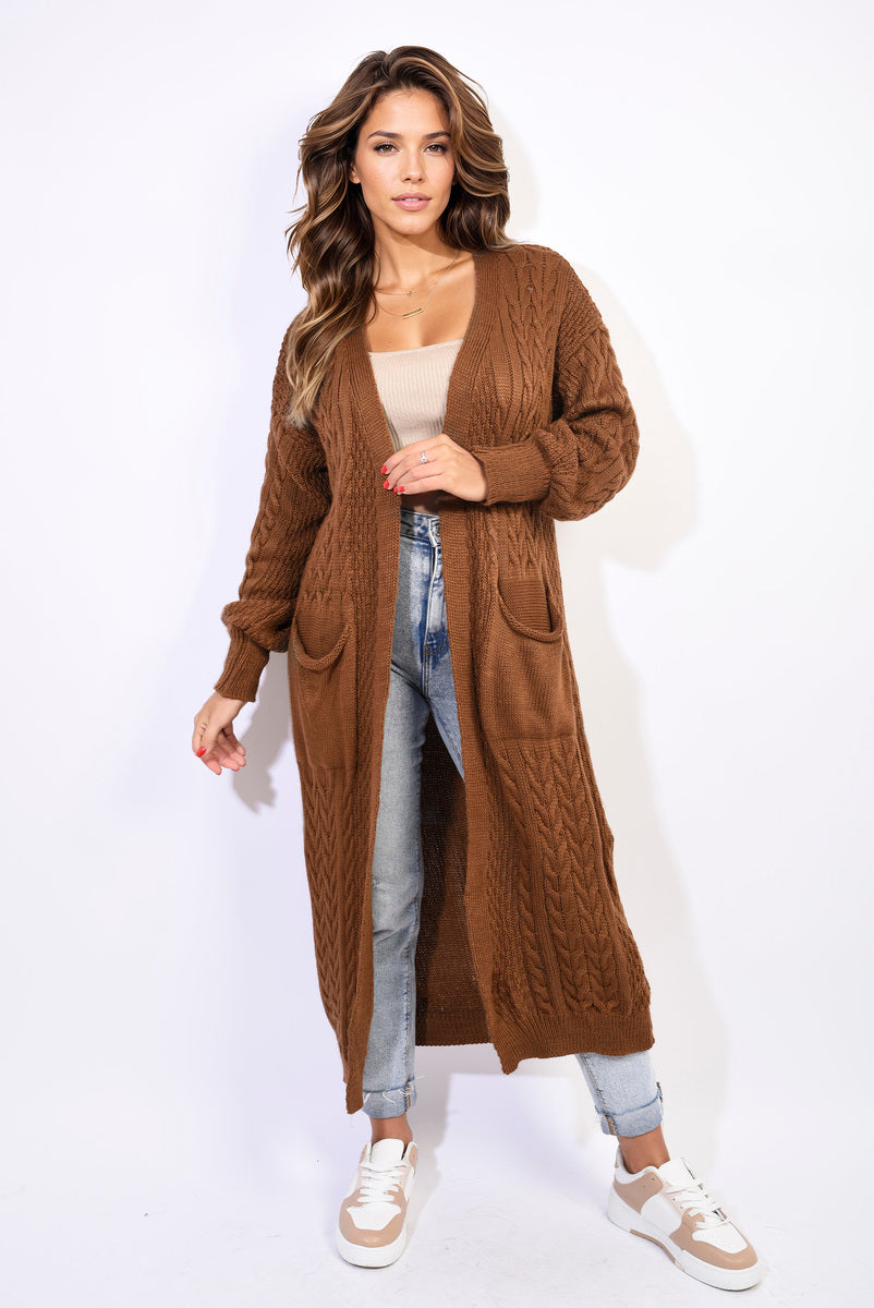 Front Open Long Knitted Cardigan with Front Pockets