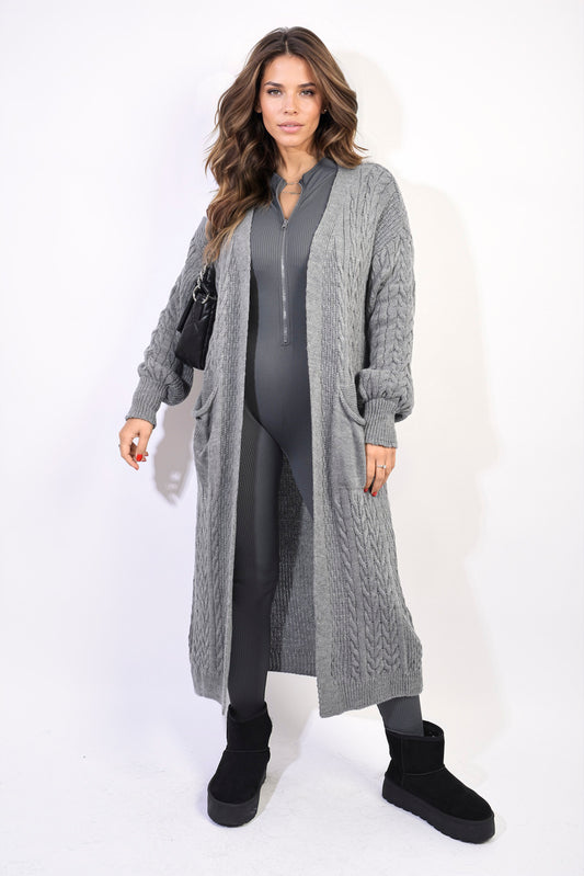 Front Open Long Knitted Cardigan with Front Pockets