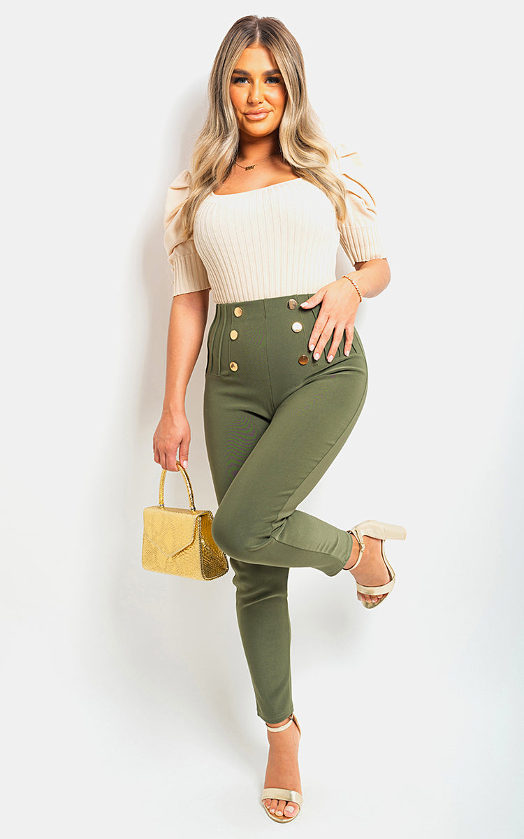 High Waisted Button Front Detail Trouser