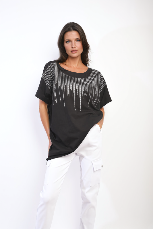 Embellished Neckline Short Sleeve Top