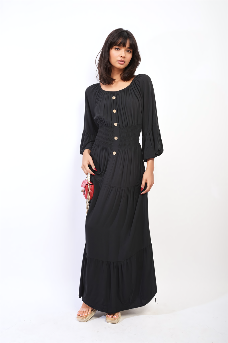 Ruffle Hem Sleeve Shirred Waist Tiered Maxi Dress