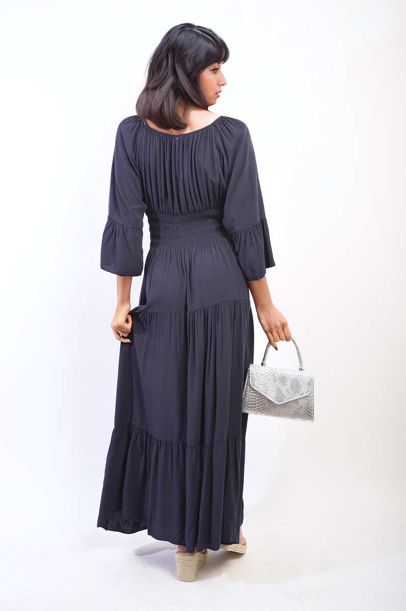 Ruffle Hem Sleeve Shirred Waist Tiered Maxi Dress