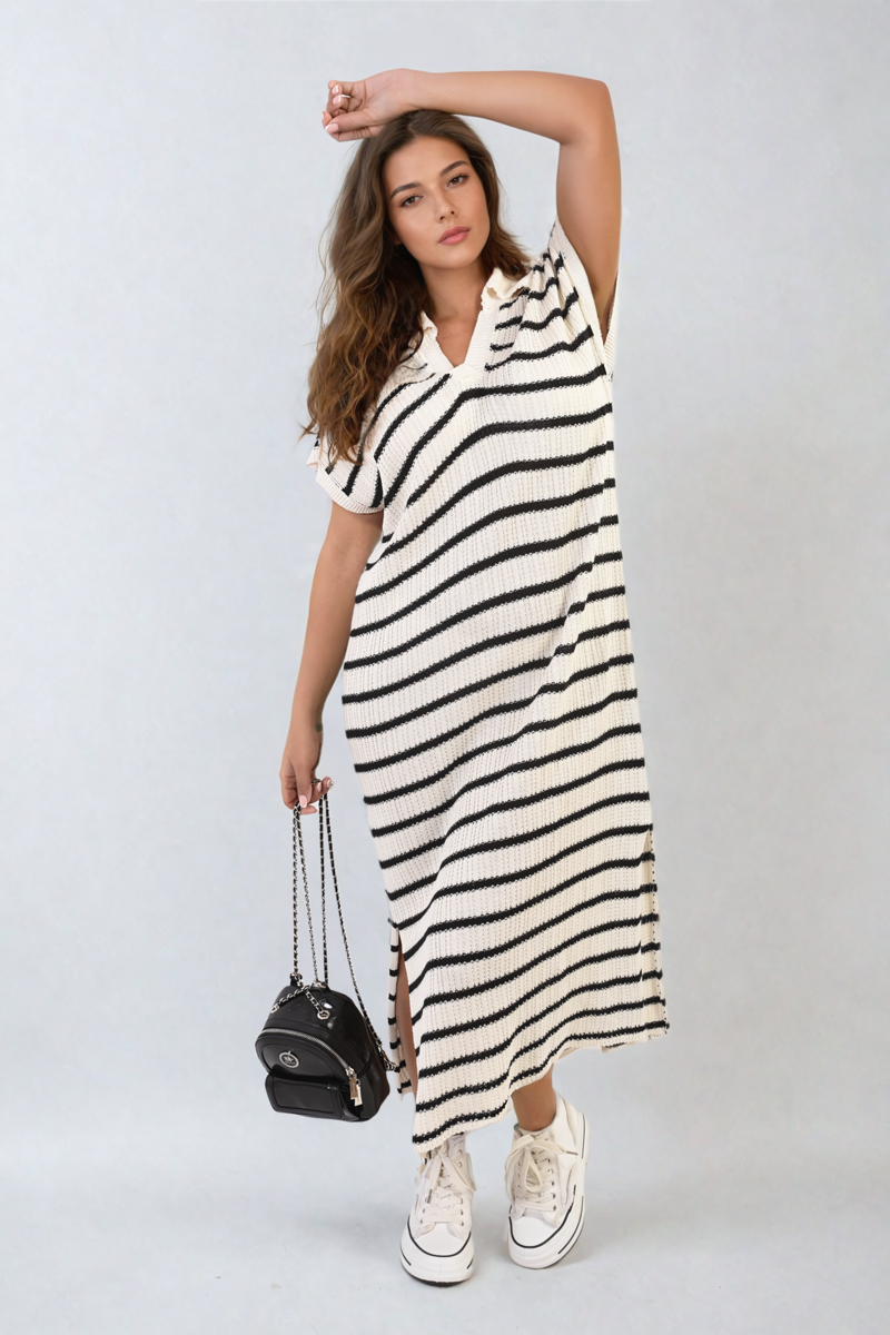 Stripe Knitted V Neck Midi Dress