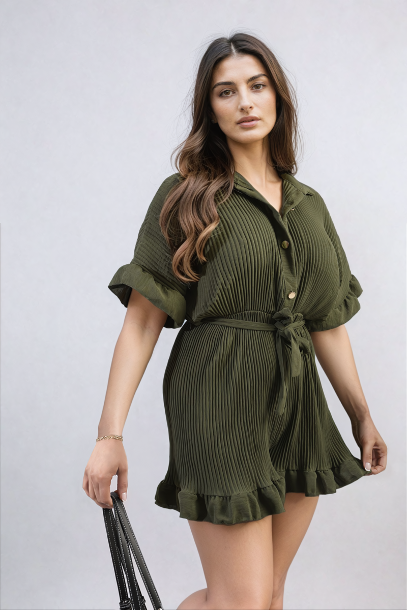 Pleated Frill Ruffle Tie Waist Playsuit