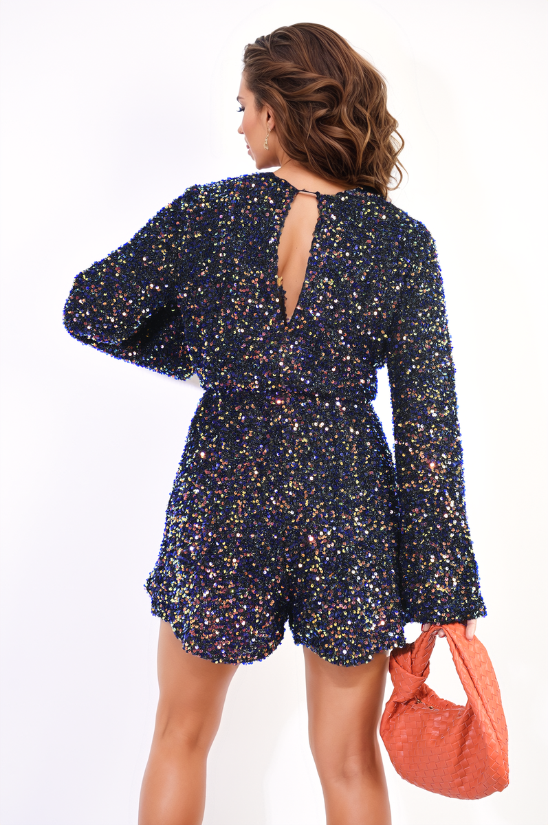 V Neck Belted Sequin Mini Dress