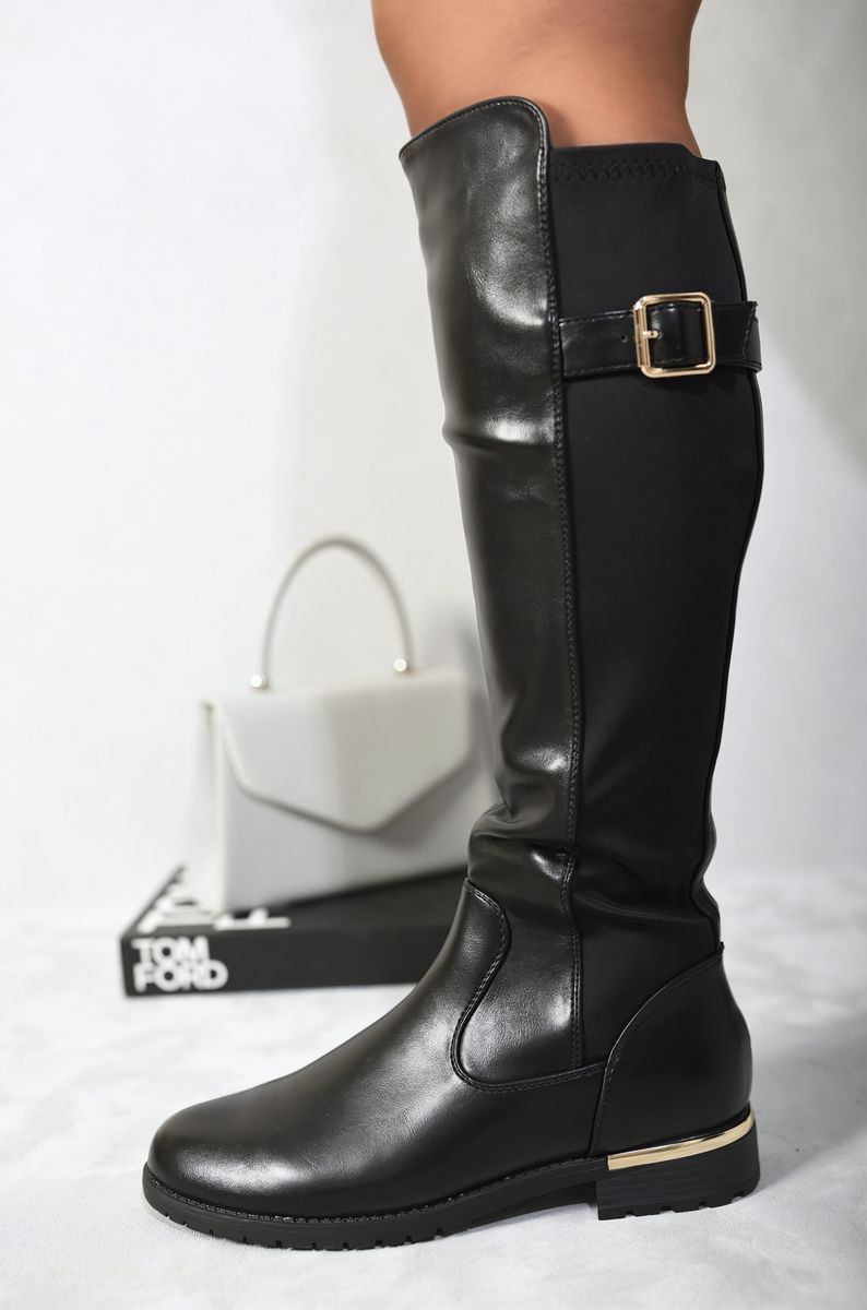 Gold Detail Buckle Knee High Boots