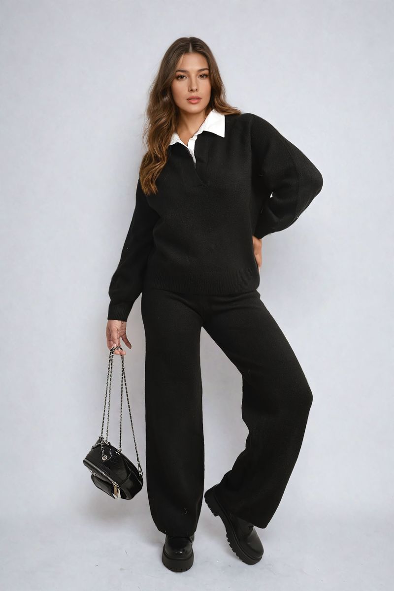 Long Sleeve Knitted Collar Top and Wide Leg Pants Co-ord Set (One Size 8 - 18)