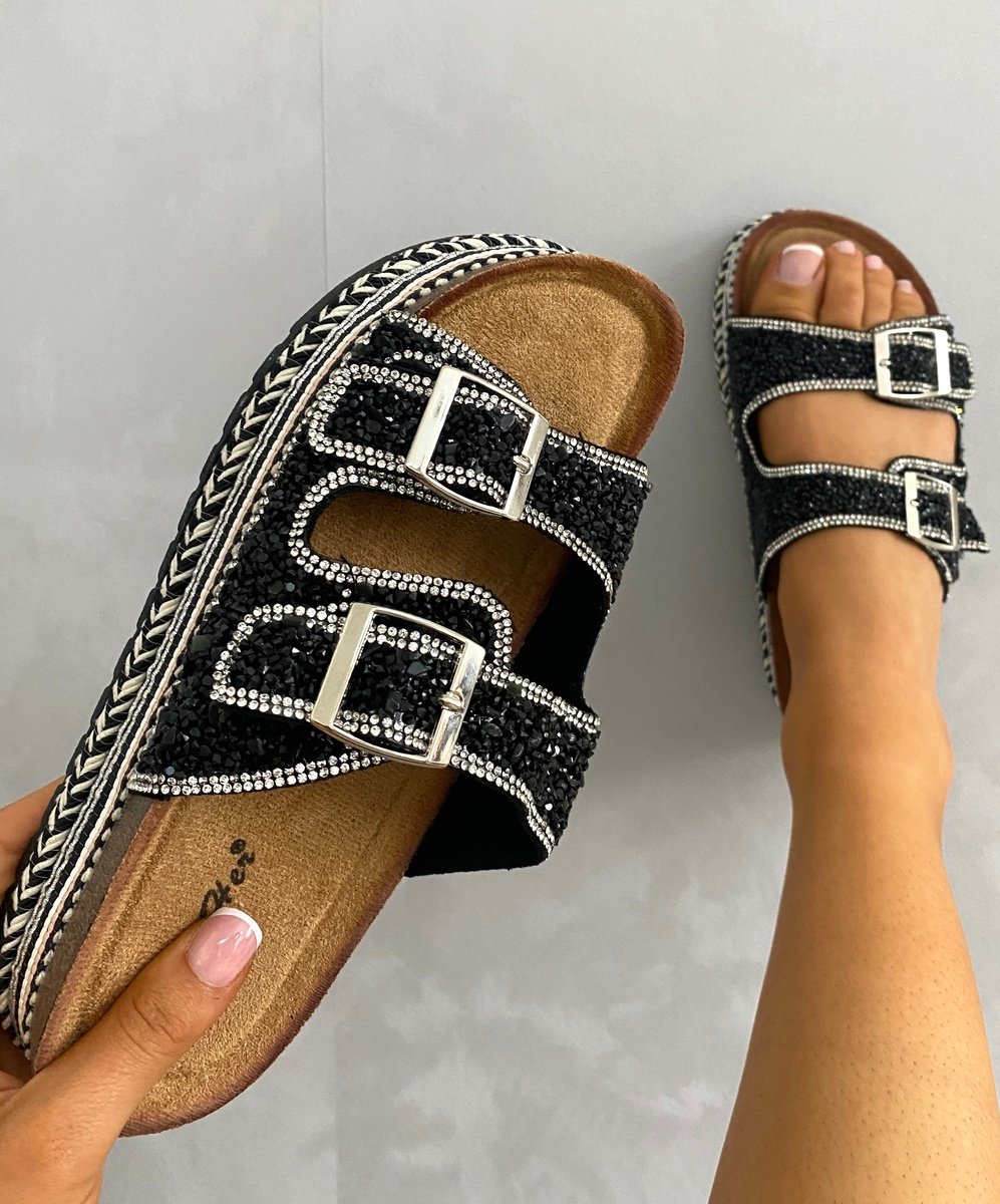 Embellished Stone Double Buckle Platform Sandals