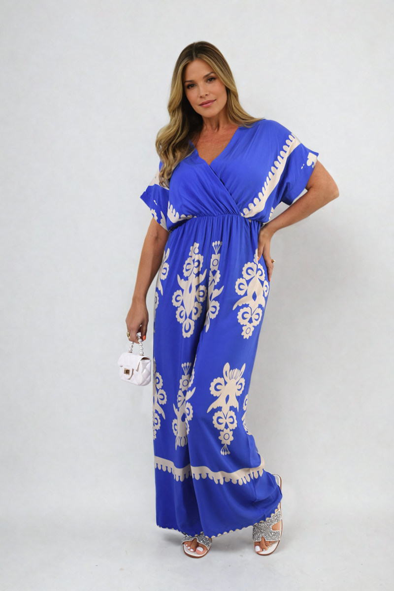 Printed Cross Front Wide Leg Jumpsuit