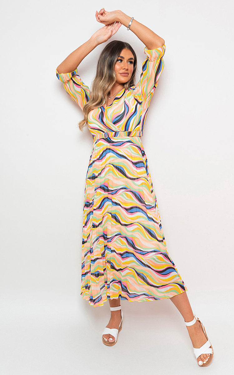 Long Sleeve Printed Maxi Dress with Belt Detail