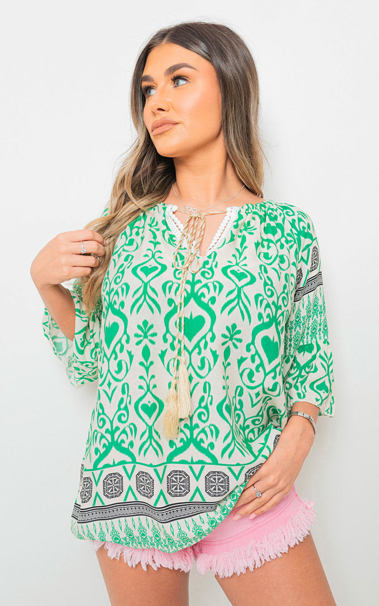 Boho Printed Tassel Tie Neck Long Sleeve Loose Top