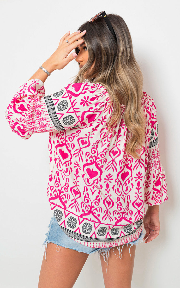 Boho Printed Tassel Tie Neck Long Sleeve Loose Top