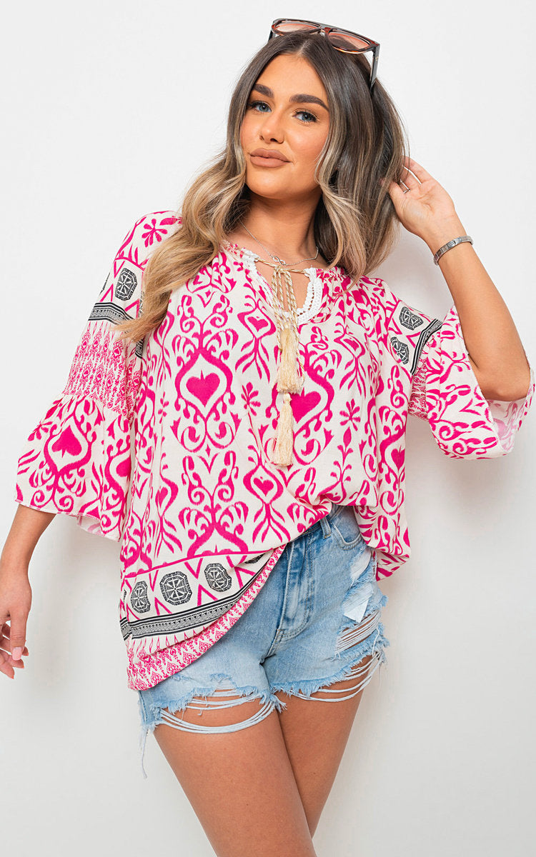 Boho Printed Tassel Tie Neck Long Sleeve Loose Top