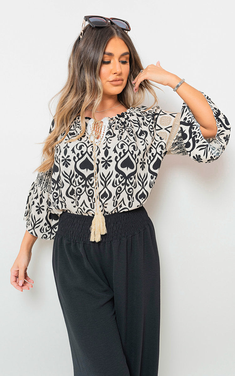 Boho Printed Tassel Tie Neck Long Sleeve Loose Top