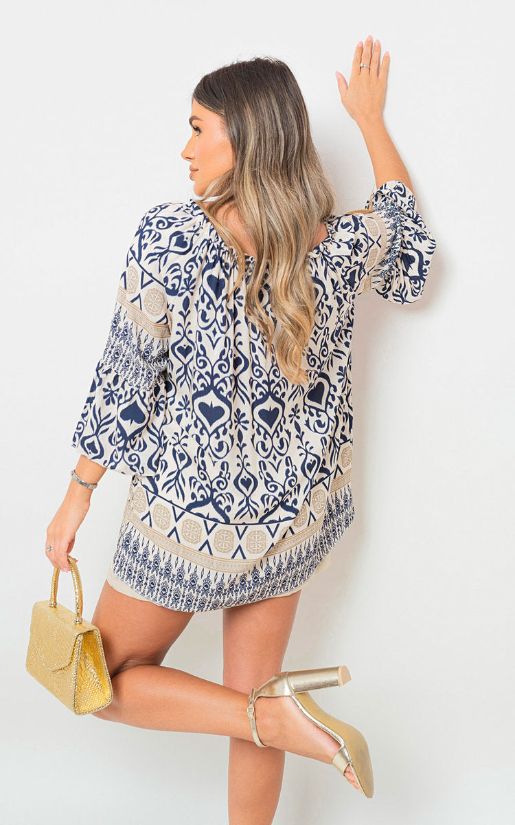 Boho Printed Tassel Tie Neck Long Sleeve Loose Top