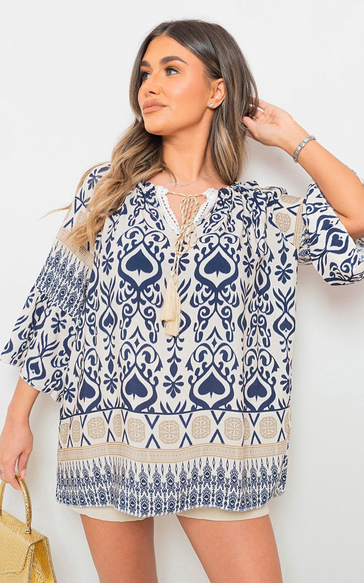 Boho Printed Tassel Tie Neck Long Sleeve Loose Top