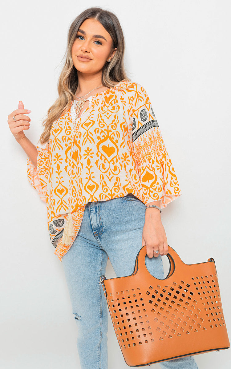 Boho Printed Tassel Tie Neck Long Sleeve Loose Top