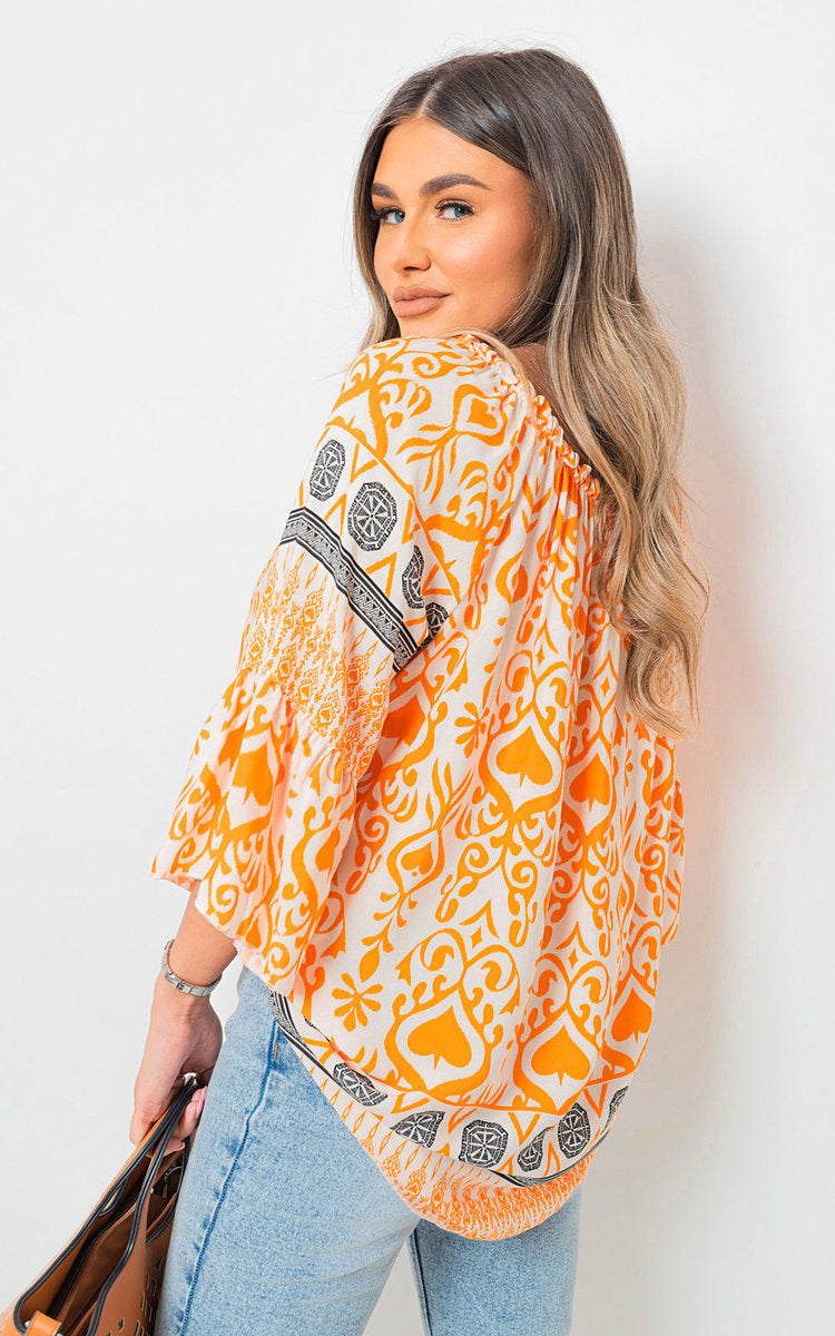 Boho Printed Tassel Tie Neck Long Sleeve Loose Top