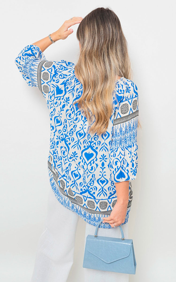 Boho Printed Tassel Tie Neck Long Sleeve Loose Top