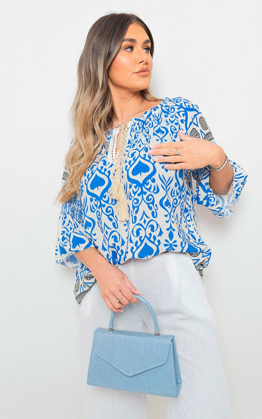 Boho Printed Tassel Tie Neck Long Sleeve Loose Top