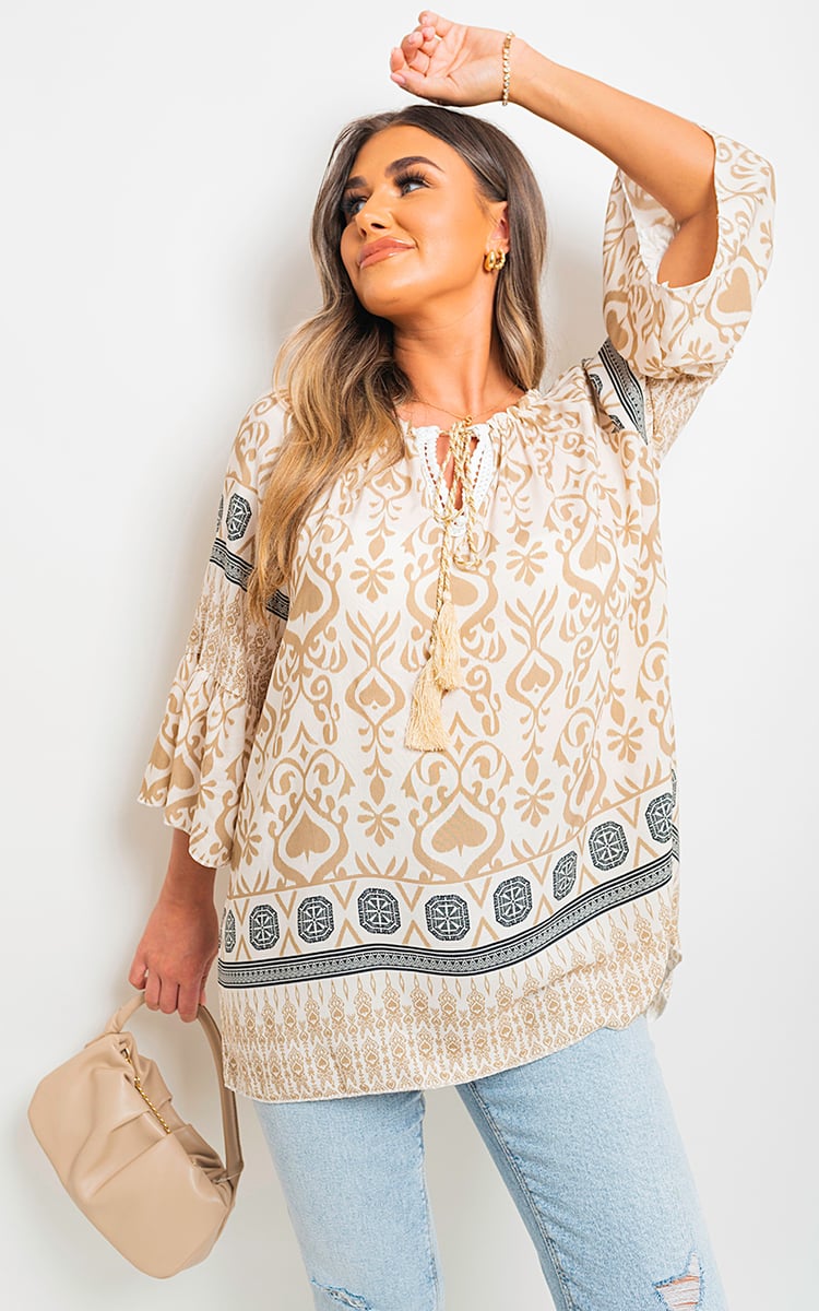 Boho Printed Tassel Tie Neck Long Sleeve Loose Top