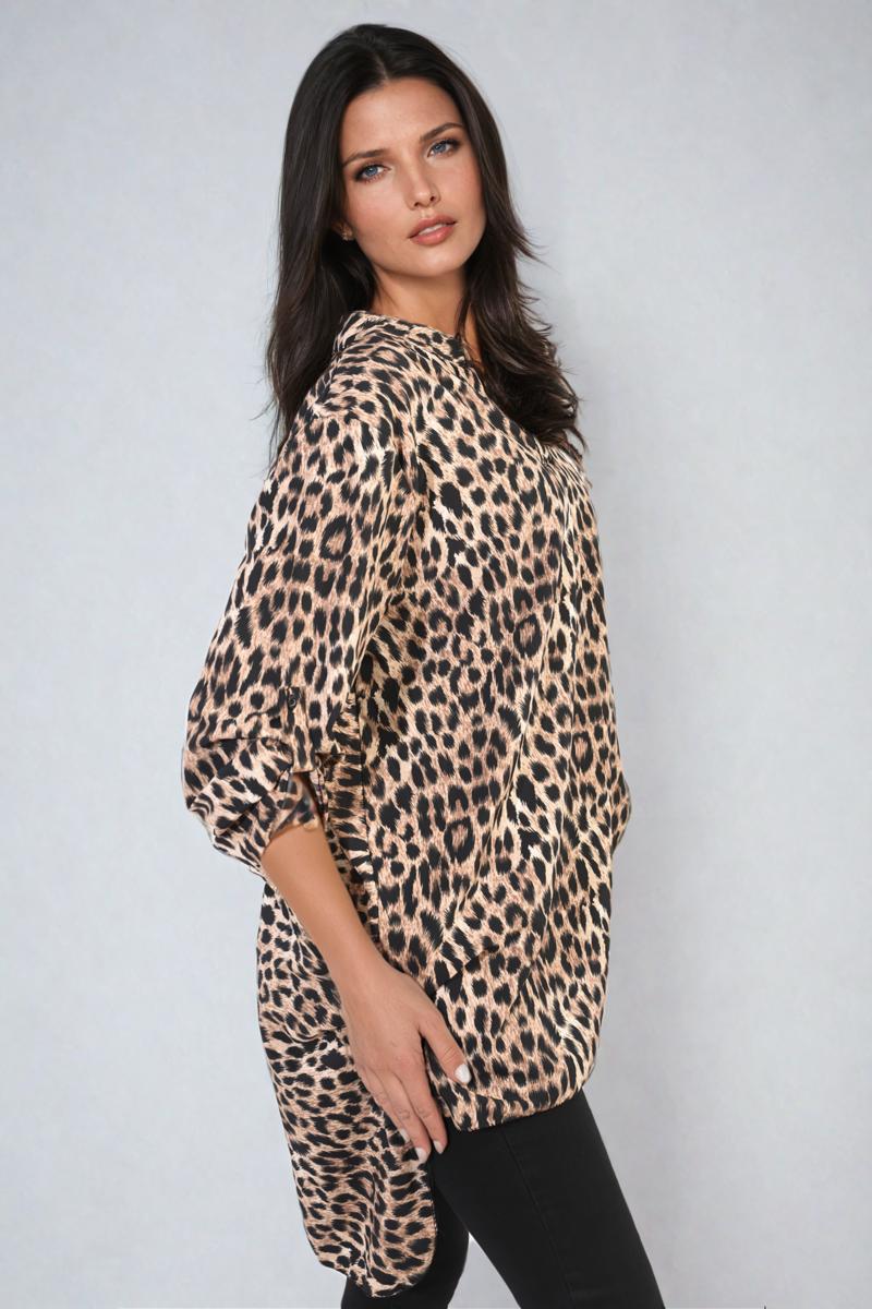 Oversized Leopard Print Button Down Batwing Sleeve Top