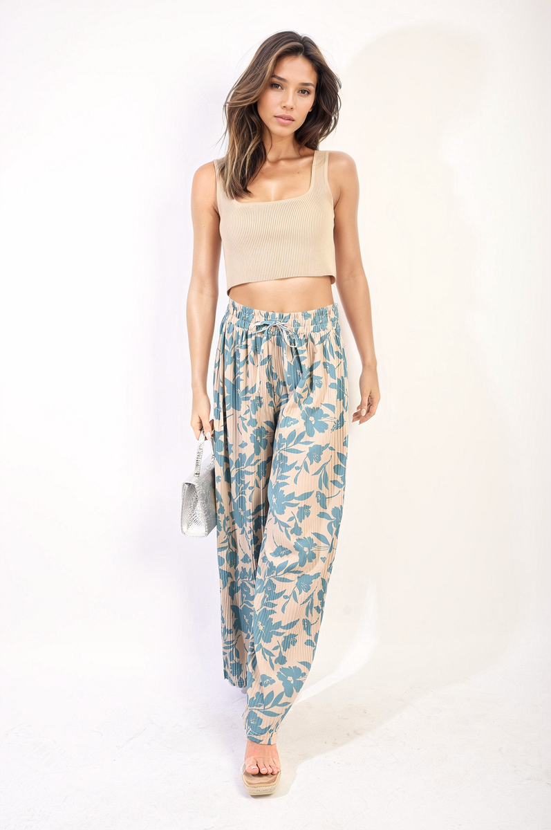 Pleated Wide Leg Floral Print Trousers