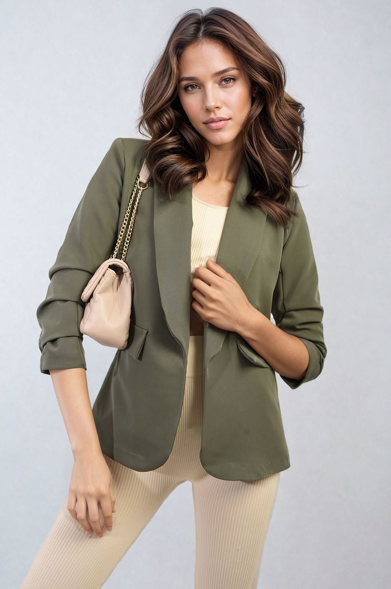 Ruched Sleeve Open Front Blazer Jacket with Front Pockets