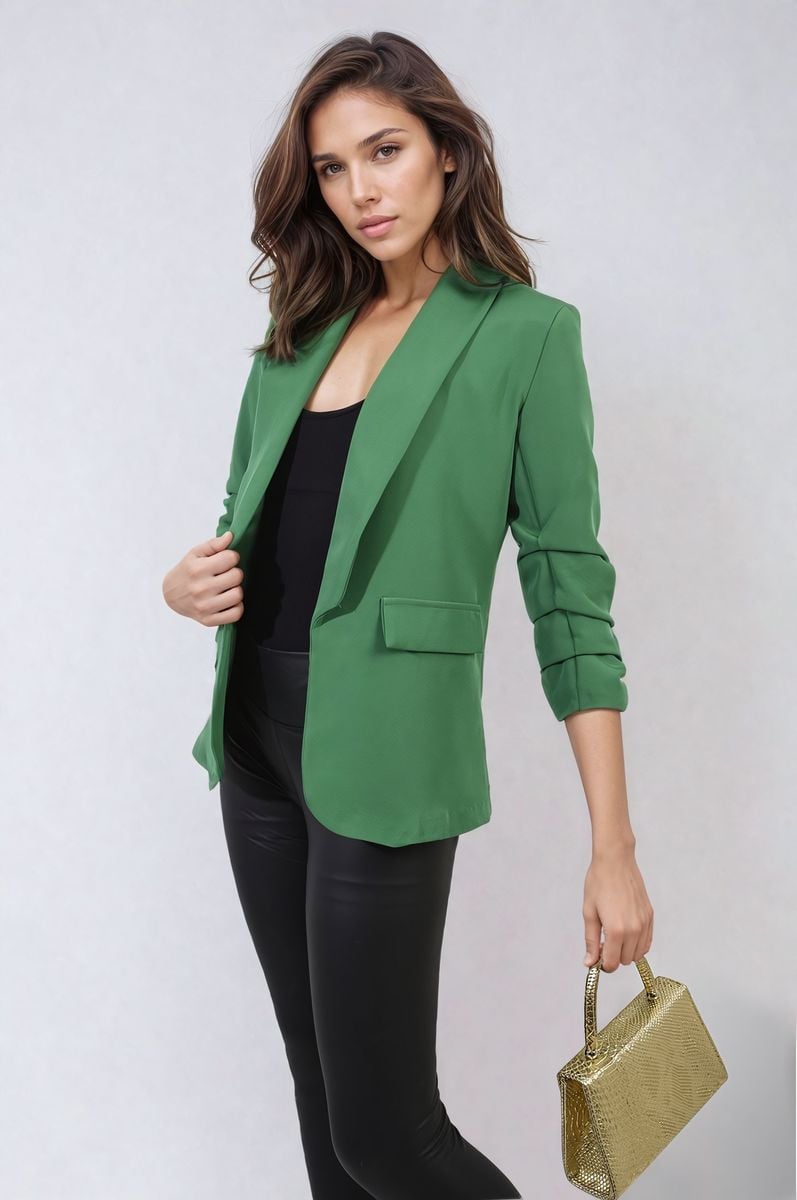 Ruched Sleeve Open Front Blazer Jacket with Front Pockets