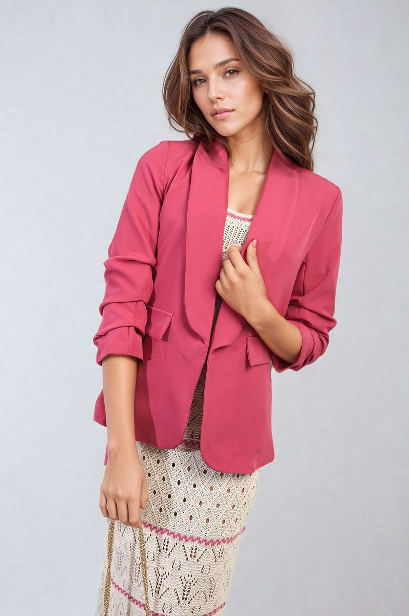 Ruched Sleeve Open Front Blazer Jacket with Front Pockets