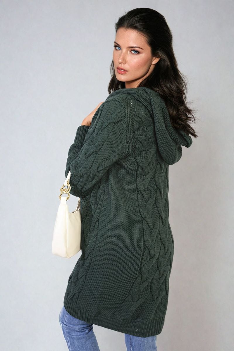 Chunky Cable Knitted Oversized Longline Hooded Cardigan