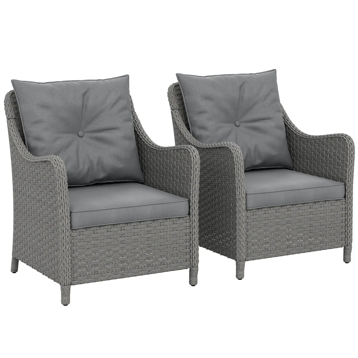 Set of 2 PE Rattan Garden Chairs with Cushions - High-Back Patio Armchairs