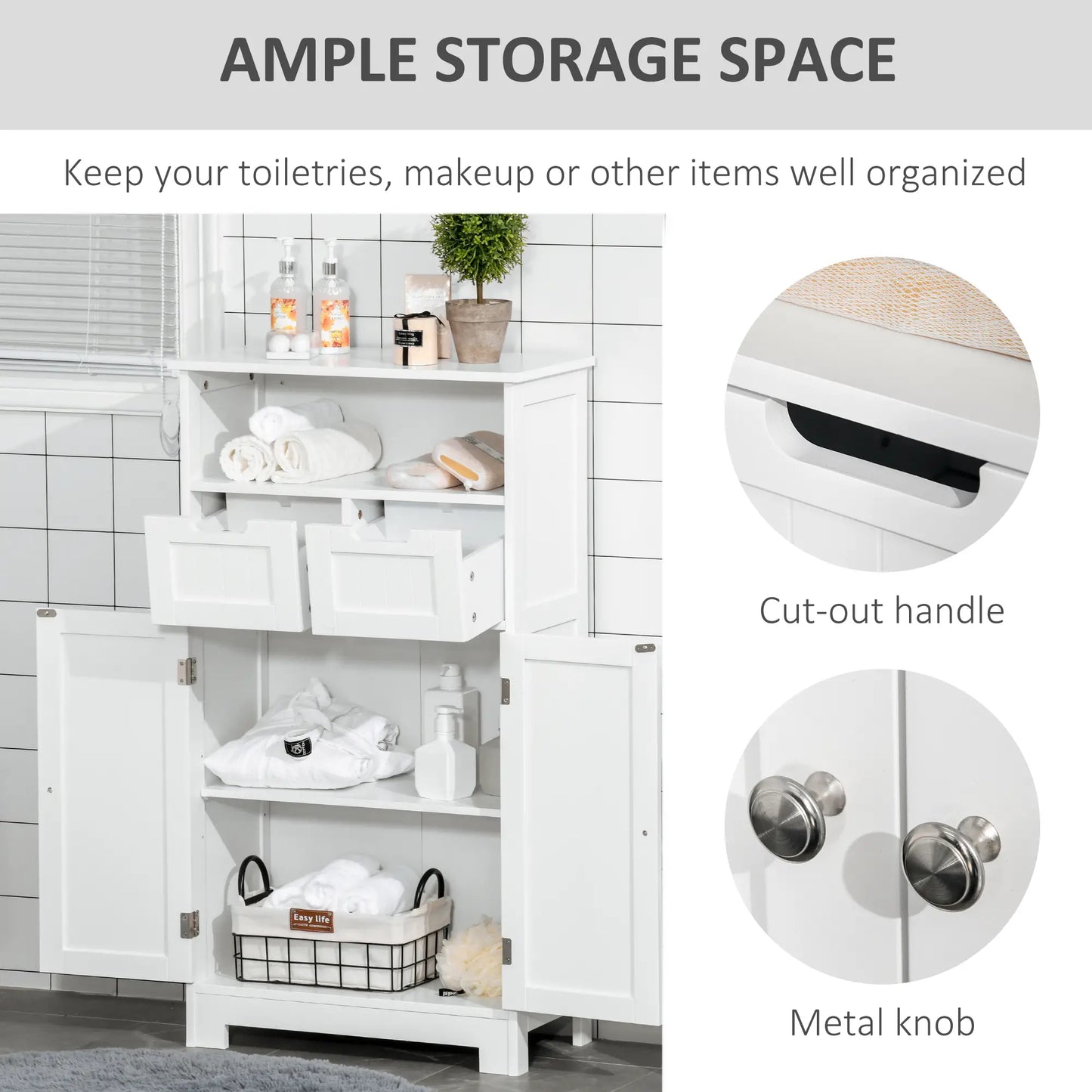 Free Standing White Bathroom Storage Cabinet with 2 Drawers and Adjustable Shelf