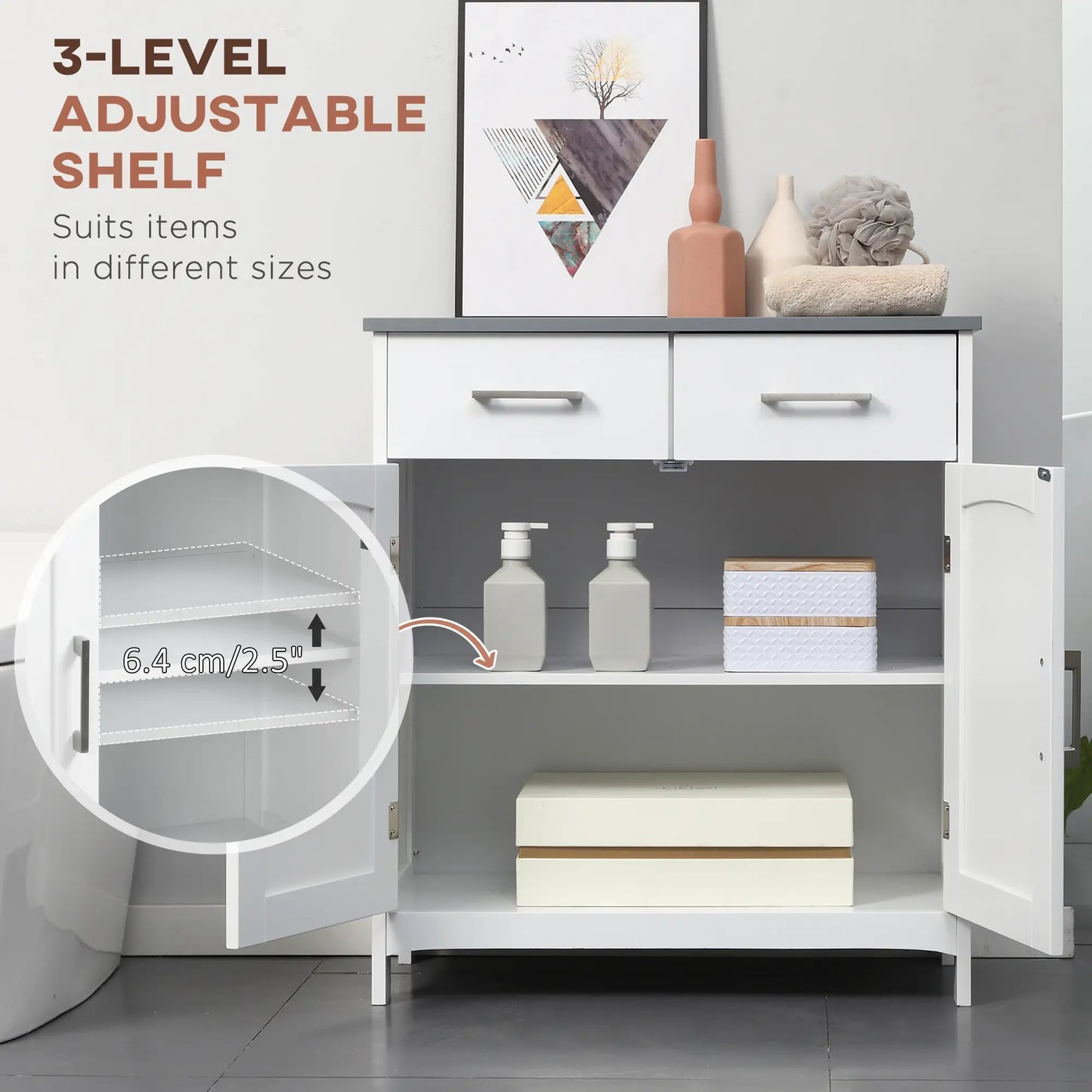 Freestanding White Bathroom Cabinet, Storage Cupboard with 2 Drawers