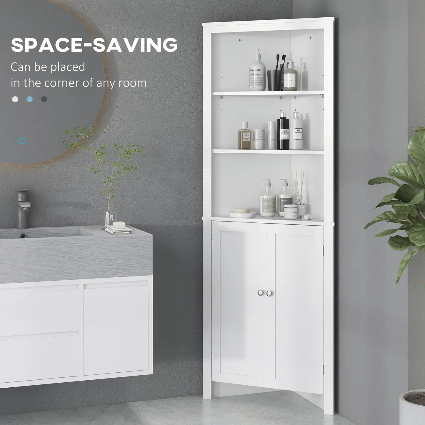 White Triangle Corner Bathroom Storage Unit with Cupboard and 3-Tier Shelves