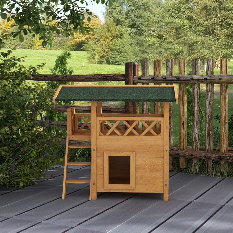 Cat House Outdoor w/ Balcony Stairs Roof, 77 x 50 x 73 cm, Natural Wood Finish